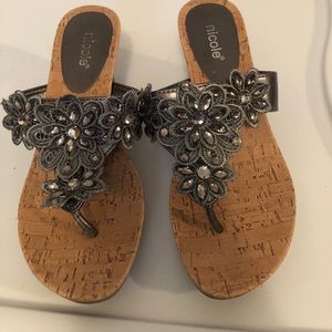 Tan and gray/pewter wedge sandals